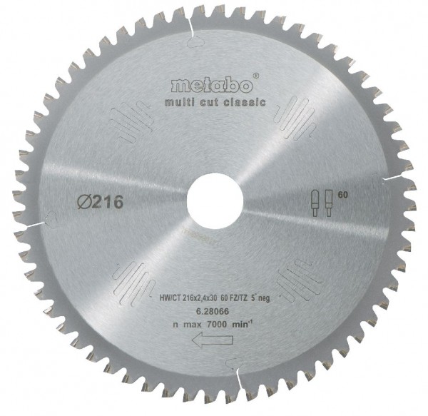 Metabo Kreissägeblatt HW/CT 216 x 30 x 2,4/1,8, Zähnezahl 60, Flach-Trapezzahn, Spanwinkel 5° neg., Multi cut classic
