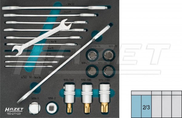 Hazet Schroefsleutel- / steeksleutelset - Vierkant hol 20 mm (3/4 inch) - Buiten-zeskant-profiel, Binnenzeskant-profiel, Binnen-TORX-profiel - Aantal gereedschappen: 20 - 163-211/20
