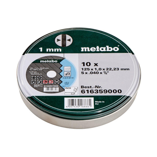 Metabo Juego=10xdiscos de cortar "SP" 125x1,0x22,23 Inox, TF 41 , en lata de chapa (616359000)