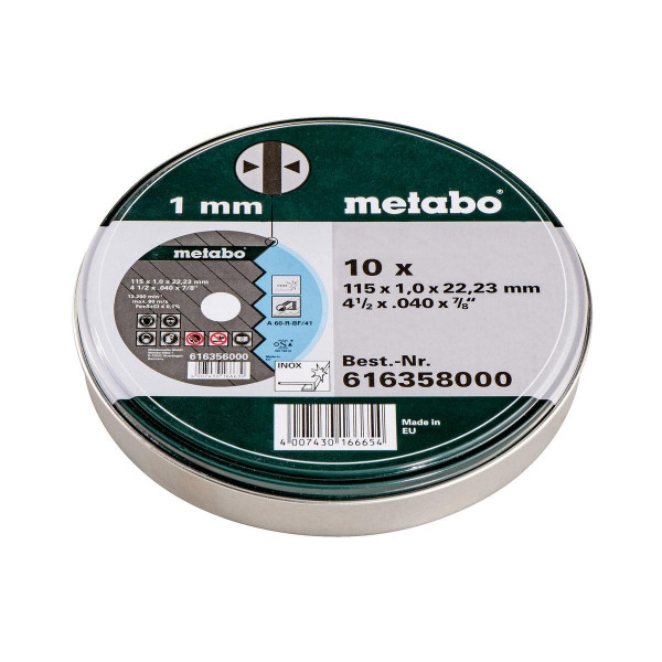 Metabo Juego=10xdiscos de cortar "SP" 115x1,0x22,23 Inox, TF 41, en lata de chapa (616358000)