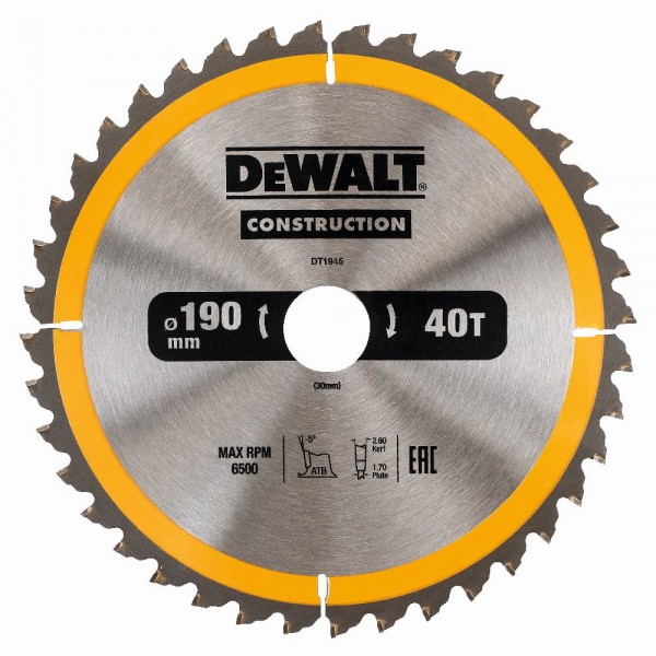 DeWALT Lama per seghe circolari portatili, 190/30 mm, 40 denti - DT1945-QZ