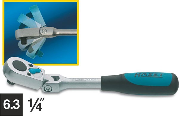 Hazet Umschaltknarre mit Gelenk - Vierkant massiv 6,3 mm (1/4 Zoll) - Gesamtlänge: 135 mm - 863G