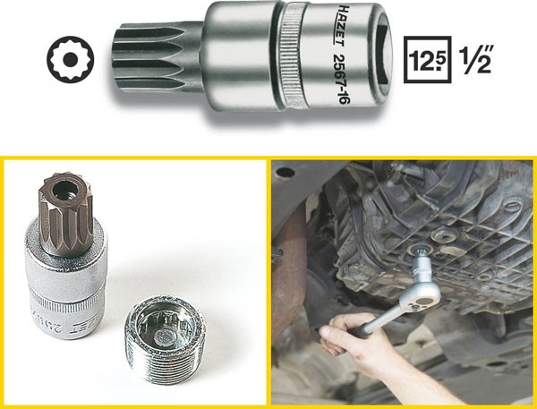 Hazet Öldienst-Schraubendreher-Steckschlüssel-Einsatz - Vierkant hohl 12,5 mm (1/2 Zoll) - Innen Vielzahn Profil XZN mit Zapfen - Schlüsselweite: M16 - Gesamtlänge: 60 mm - 2567-16