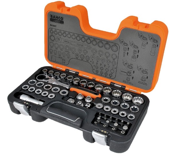 Bahco Jeu de douilles traversantes avec cliquet à tête flexible/adaptateurs, 53 pcs - S530T