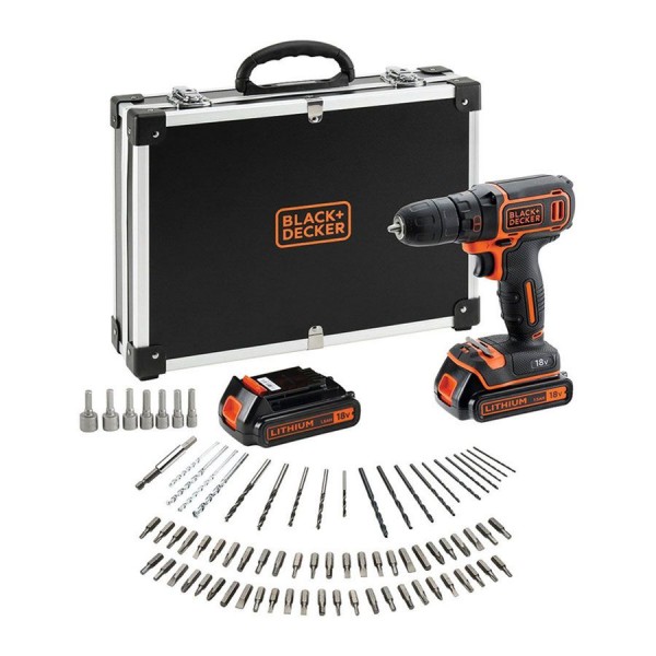 Black & Decker Akku Bohrschrauber 18V mit 2 x 1,5Ah und 80tlg. Zubehör - BDCDC18BAFC