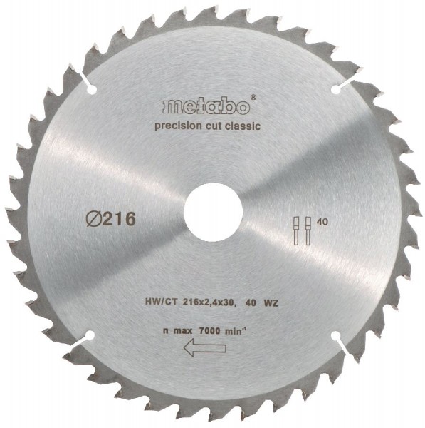 Metabo Kreissägeblatt HW/CT 216 x 30 x 2,4/1,8, Zähnezahl 40, Wechselzahn, Spanwinkel 5° neg., "Precision cut classic"
