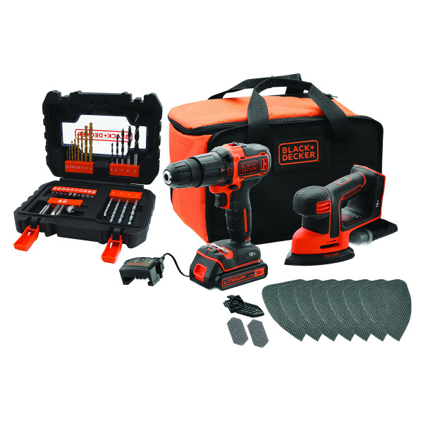 Black & Decker Combo-Kit: 2-Gang Akku-Schlagbohrschrauber, Akku-Mouse, Zubehör-Set, 18V, 1,5Ah - BCK23S1SA41