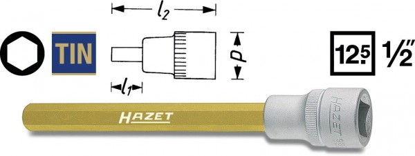 Hazet Schroevendraaier-dopsleutelbit voor remzadel - Vierkant hol 12,5 mm (1/2 inch) - Binnenzeskant-profiel - Sleutelwijdte: 9 - Totale lengte: 108 mm - 986LG-9