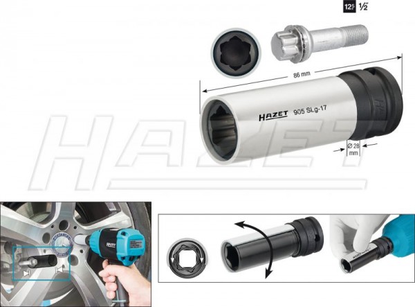 Hazet Krachtdopsleutelbit (speciaal profiel) - Vierkant hol 12,5 mm (1/2 inch) - Sleutelwijdte: 17 - Totale lengte: 86 mm - 905SLG-17